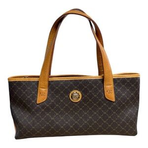 RIONI East-West Monogram Signature Vachetta Leather Brown Canvas Tote 12x6x3